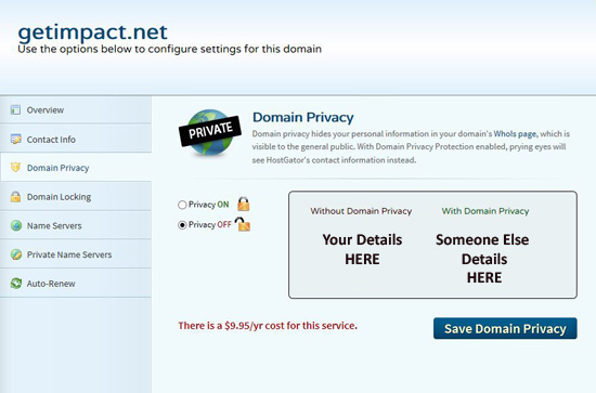 Setting Domain Name Privacy